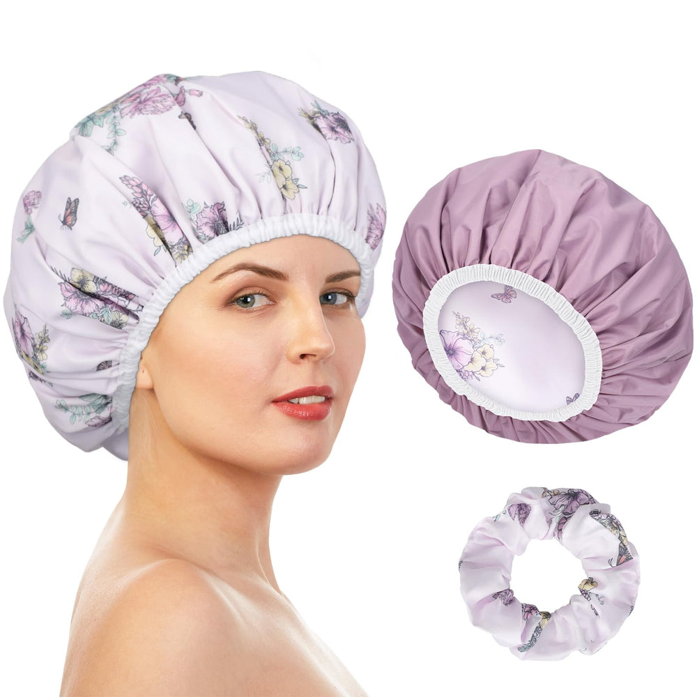 Pengxiaomei gorra de ducha dos caras con flores, evita enredos y mantiene el cabello seco.