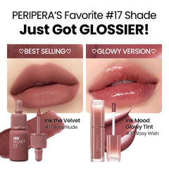 Peripera Ink Mood Glowy Tint lip application demonstrates hydrating gloss and tint.