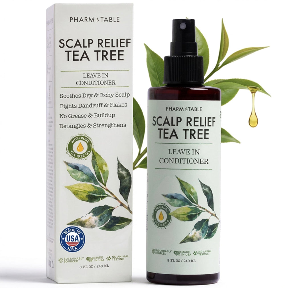 PHARM TO TABLE acondicionador sin enjuague con árbol de té, botella para hidratar el cuero cabelludo.