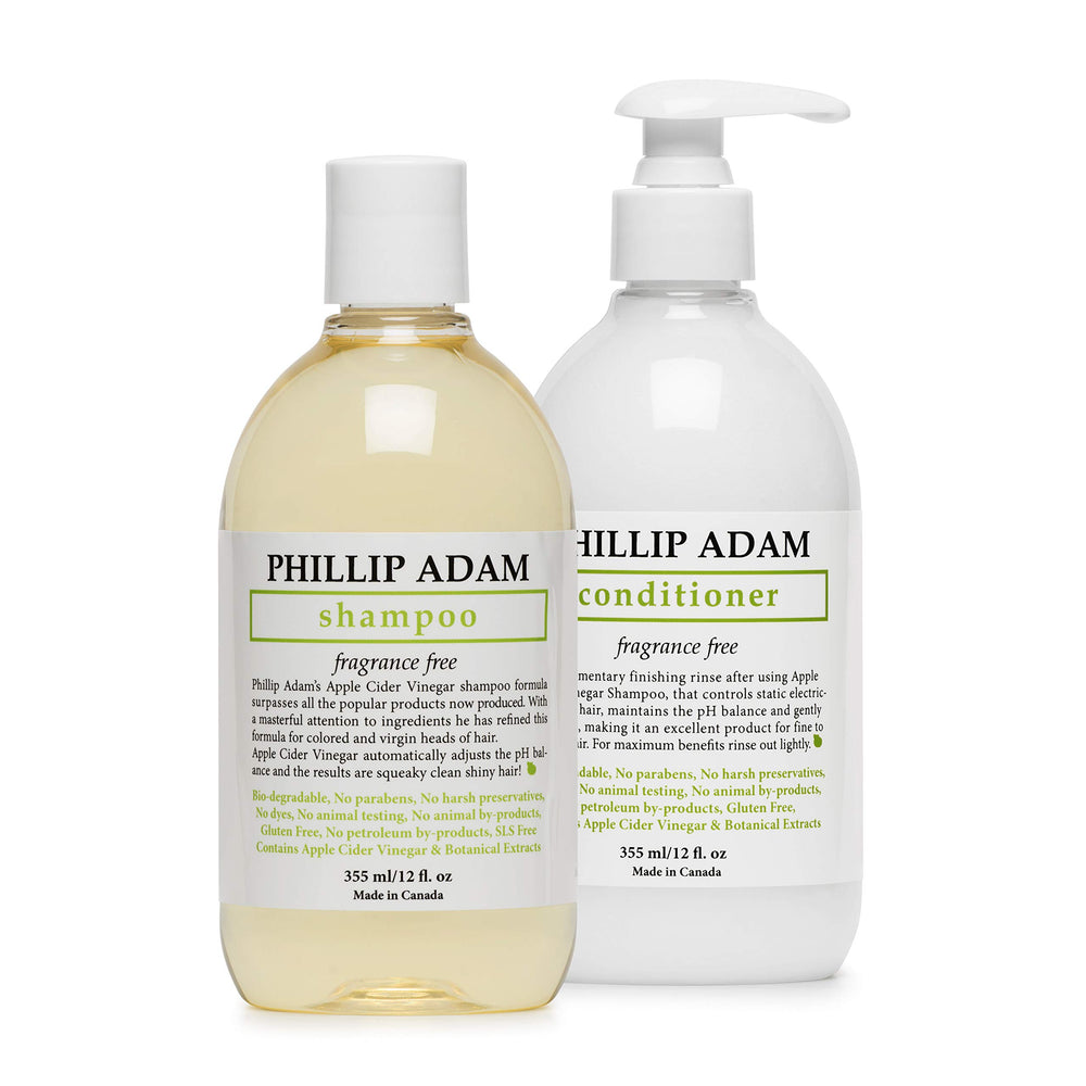 Shampoing Phillip Adam sans parfum sur bouteille, équilibre du pH.