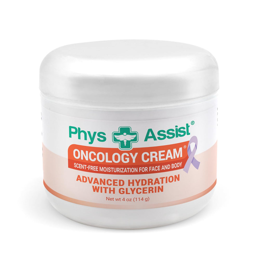 PhysAssist Oncology Recovery Cream en bote de 4 oz, hidratación suave para piel sensible.