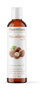 Aceite Plant Guru Macadamia en botella de vidrio, hidrata suave la piel.