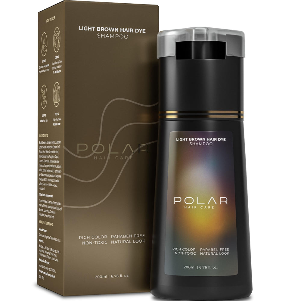 Polar Hair Care Shampoing colorant brun clair pour cheveux gris – couverture rapide et naturelle.