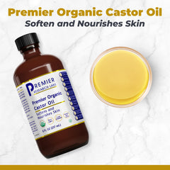 Premier Research Labs aceite de ricino orgánico: etiqueta clara que inspira confianza.