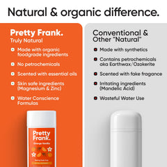 Aplicación rápida de Pretty Frank desodorante naranja vainilla en 1-2 movimientos.