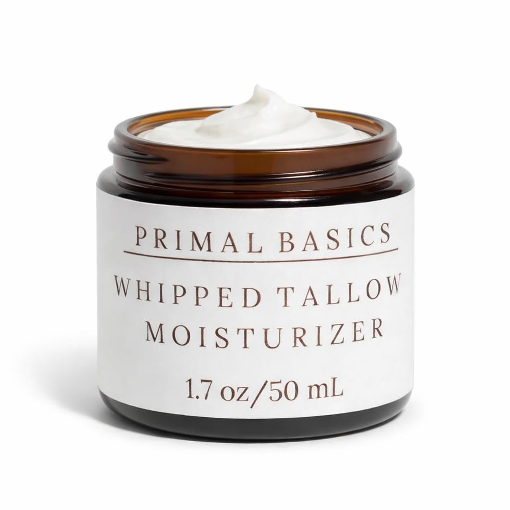 Primal Basics manteca de res batida en frasco, hidratación suave para rostro y cuerpo.
