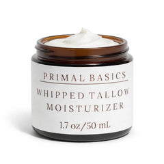 Primal Basics manteca de res batida en frasco, hidratación suave para rostro y cuerpo.