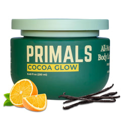PRIMALS Loción corporal natural con manteca de cacao para piel suave y nutrida.