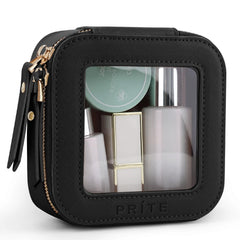 Prite mini bolsa maquillaje exterior negro, diseño compacto para viaje diario.