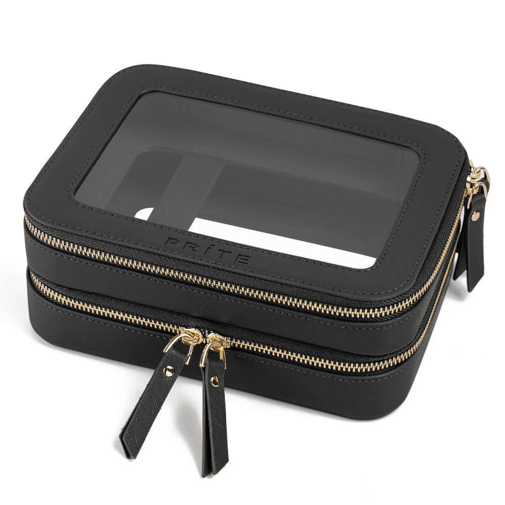 Prite bolsa maquillaje transparente de doble capa para organización rápida de cosméticos