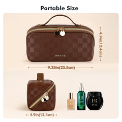 Prite bolso maquillaje a cuadros marrón, divisor transparente para evitar mezclar productos.