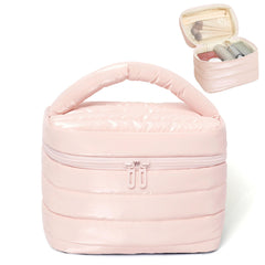 Prite Puffy rosa, vista frontal, ideal para organizar maquillaje y artículos de viaje.