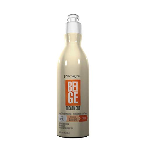Prokpil tratamiento cabello beige con botella, fortalece la fibra y aporta hidratación.