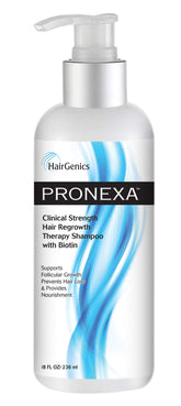 Pronexa Hairgenics shampoo, botella frontal, pensado para cabello fino y brillante