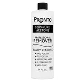 Pronto acetona 100% para remover esmalte; botella de 16 oz lista para uso profesional.
