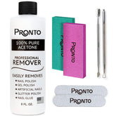 Pronto botella de acetona al 100% para uñas, ideal para quitar esmalte y gel rápidamente.