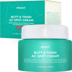 PROOT Crema acne nalgas, frasco vertido, ideal para uso diario y piel suave.