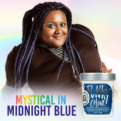 Envase de Punky Midnight Blue con etiqueta vegana y libre de crueldad