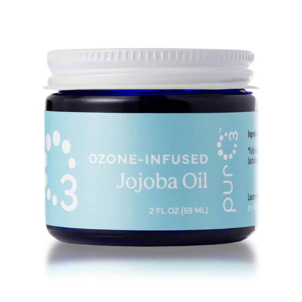 PurO3 aceite de jojoba ozonizado en frasco de vidrio para hidratación suave.