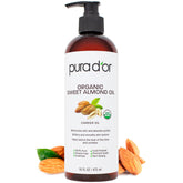 PURA D'OR Aceite de Almendra Dulce Orgánico en botella, hidratación suave para piel y cabello.