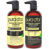 PURA D'OR Advanced Therapy champú, botella frontal, promueve cabello más fuerte desde la raíz.
