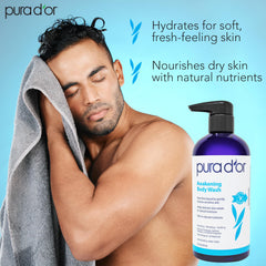 PURA D'OR Awakening body wash splash emphasizes refreshing lather and clean feel.