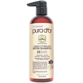 PURA D'OR Biotin Shampoo bottle showing premium formula for fuller-looking hair, suitable for daily scalp care.