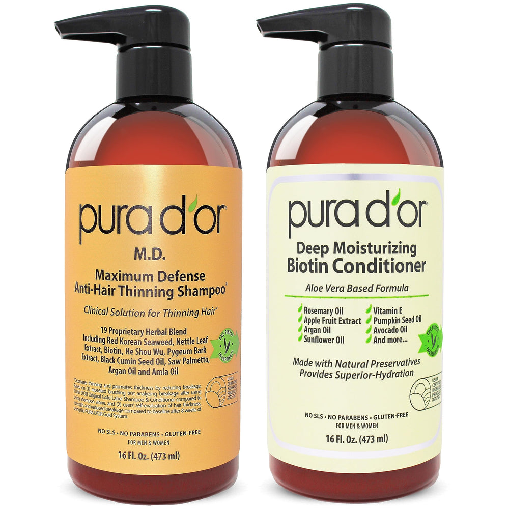 PURA D'OR MD Champú Biotínico: defensa máxima y volumen para cabello fino.