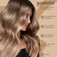 PURA D'OR bottle featuring organic argan oil and vitamin E for scalp moisture.