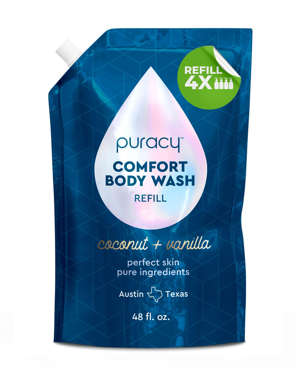 Puracy Cuerpo Lavado: relleno con coco y vainilla para relajación durante la ducha.