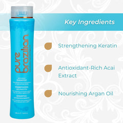 Pure Brazilian Shampoing Argan Acai – bouteille, brillance et vitalité pour les cheveux colorés.