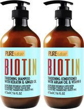 Pure Nature Lux Spa biotin shampoo bottle shows volume-boosting formula.