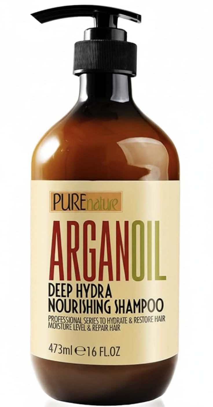 Pure Nature Lux Spa Argan Shampoo, botella, suaviza el cabello y aporta suavidad.