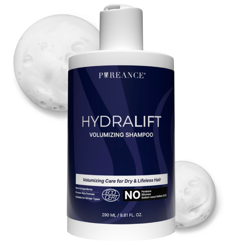 Pureance Hydralift: botella de champú voluminizante para cabello fino, cuerpo y brillo.