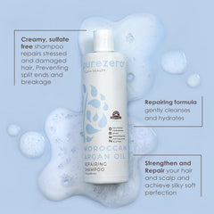 Acondicionador Purezero con argán, botella visible, cabello más fácil de peinar.