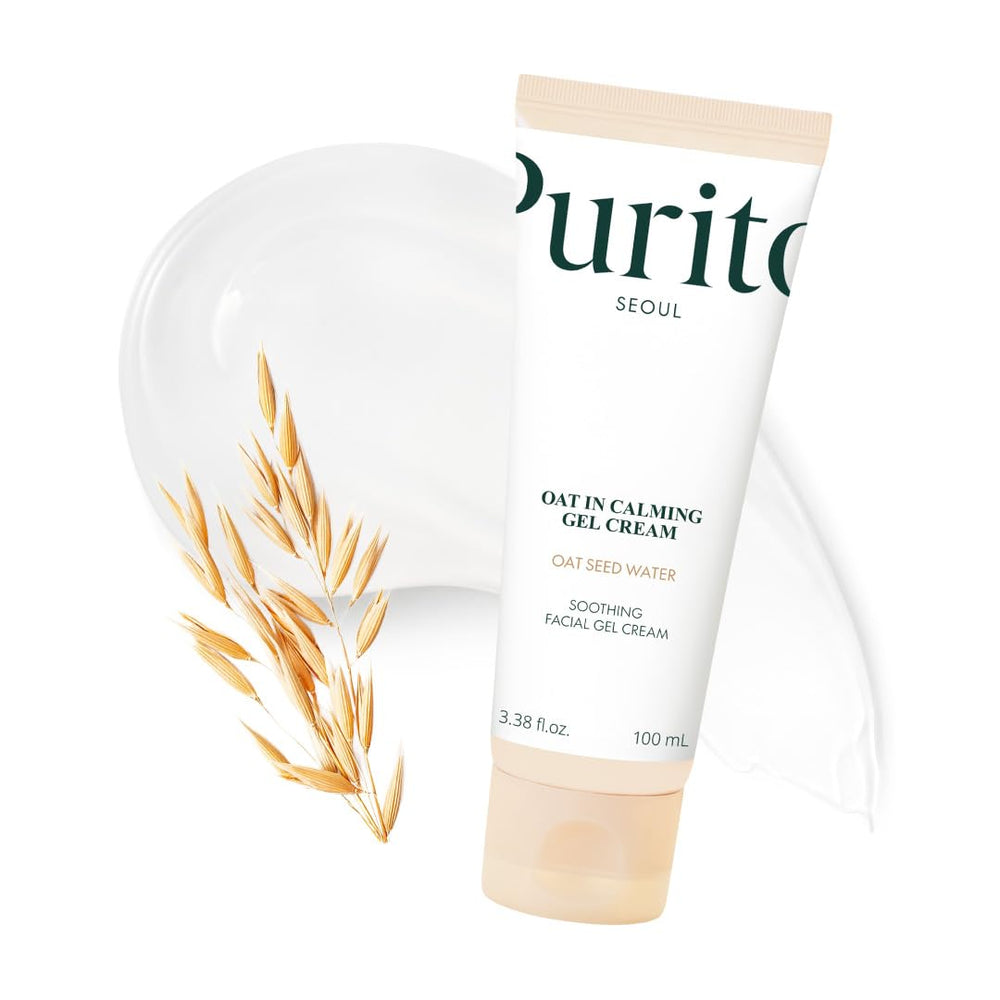 Purito crema en gel calmante de avena envase modernizado para uso diario.
