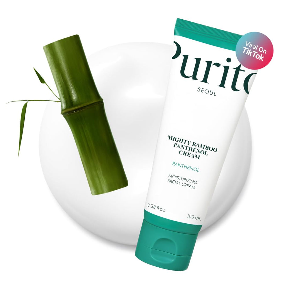 Purito Panthenol 10% post‑acné, envase detalle, hidratación suave para piel tras irritación.