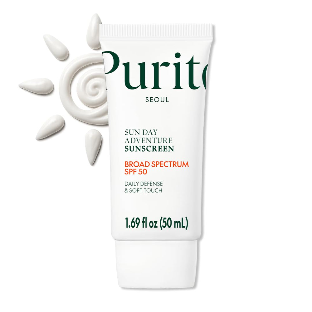 Purito protector solar SPF50 con textura ligera que se absorbe al instante.