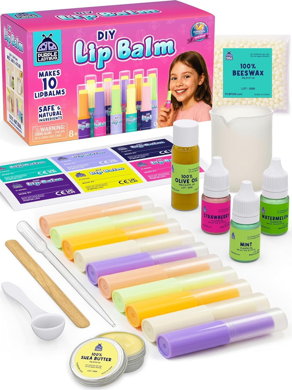 PURPLE LADYBUG Kit: Contenido para 10 bálsamos personalizados, seguro para piel sensible.