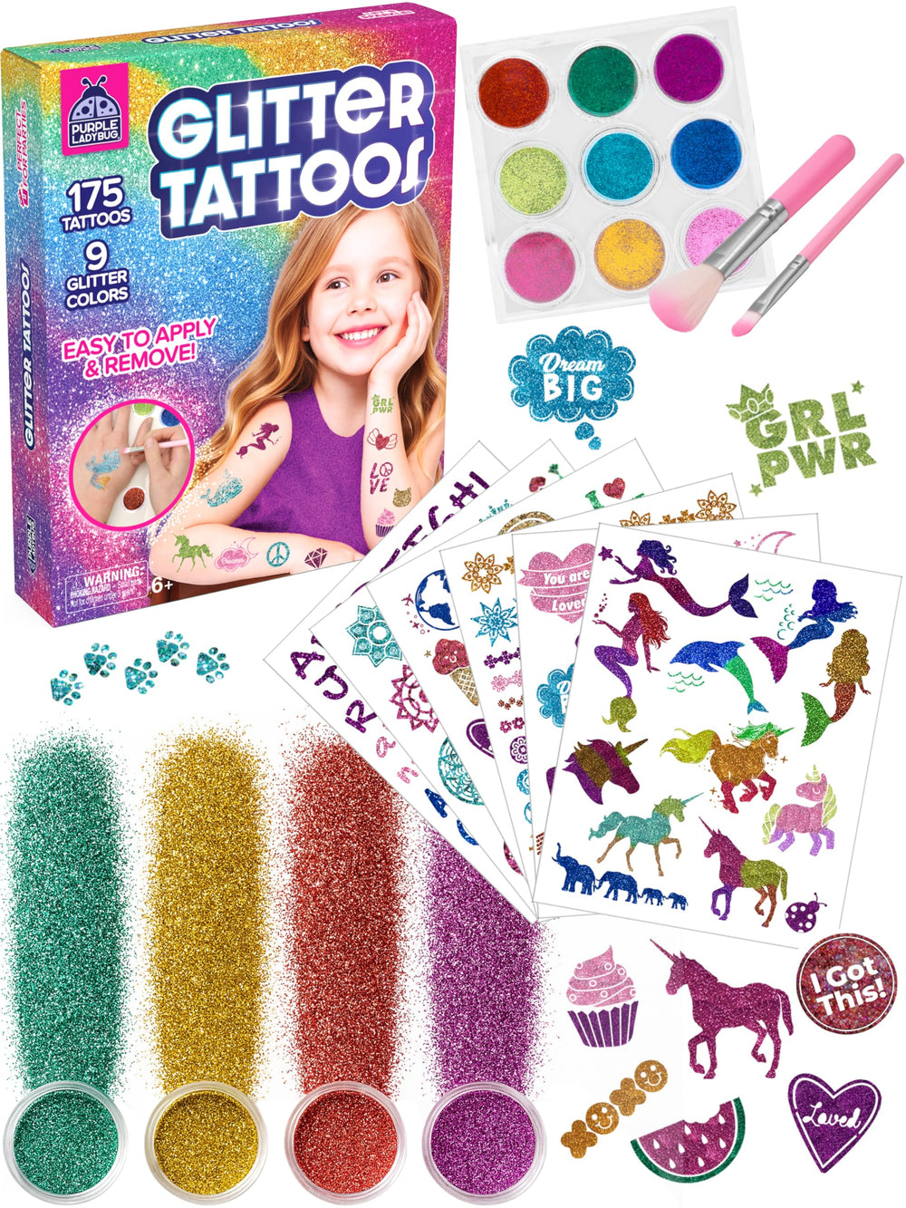 Purple Ladybug kit tatuajes temporales 175 piezas para fiestas sin pegamento