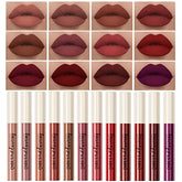 QiBest set labios mate 12 colores en caja, acabado sedoso y pigmentación intensa para uso diario.