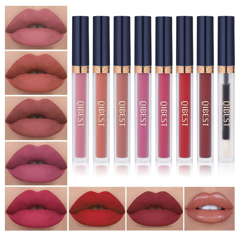 QiBest set labios mate 8 piezas frente muestra colores vibrantes para uso diario