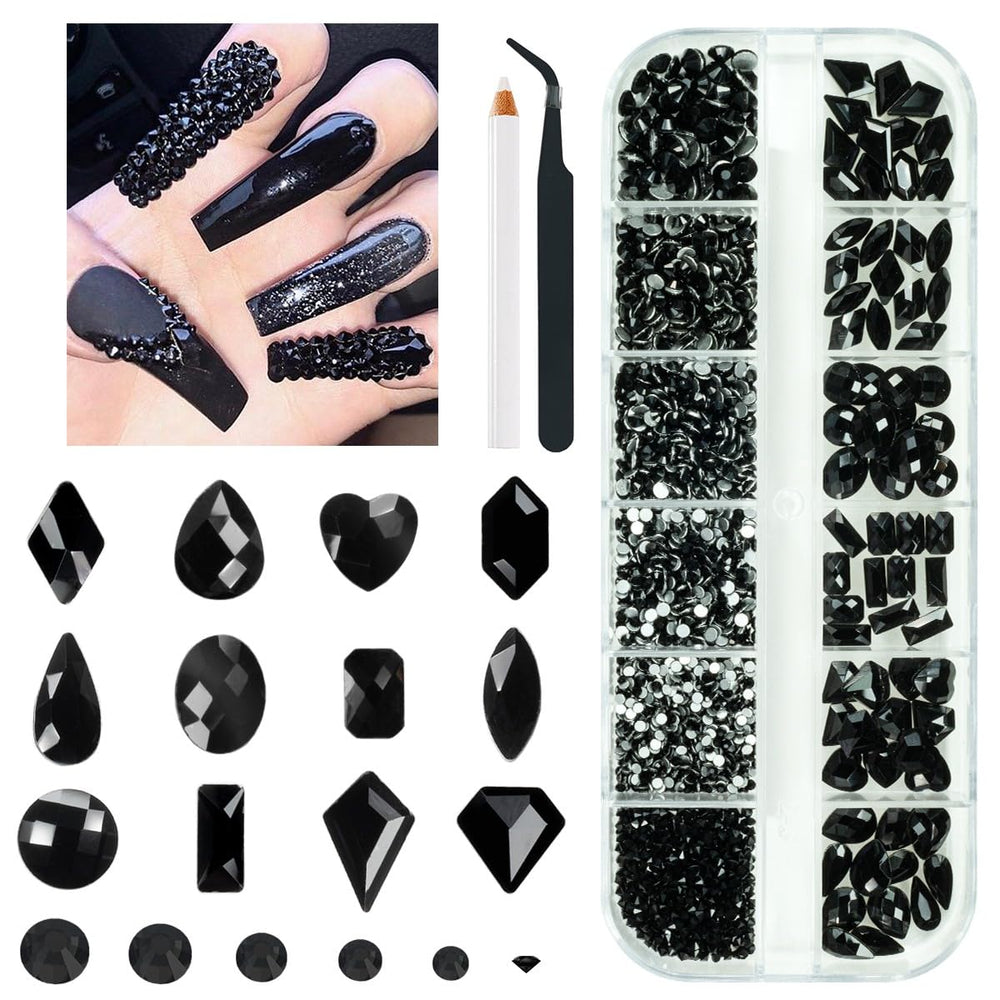 qiipii kit piedras uñas negro jet 72 formas, brillo facetado para uñas