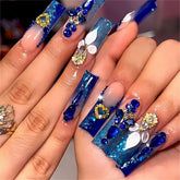 QQPPOLIU Uñas adheribles azul real de largo estilo ataúd con brillo para un look elegante