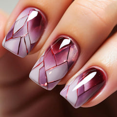 QQPPOLIU uñas cuadradas brillantes con diseño geométrico morado y blanco para uso diario.