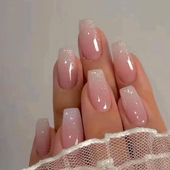 QQPPOLIU uñas postizas forma ataúd rosa ombre brillo para uso diario