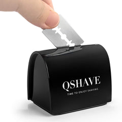 QSHAVE caja dispensación de cuchillas, vista frontal, almacenamiento seguro de hojas usadas