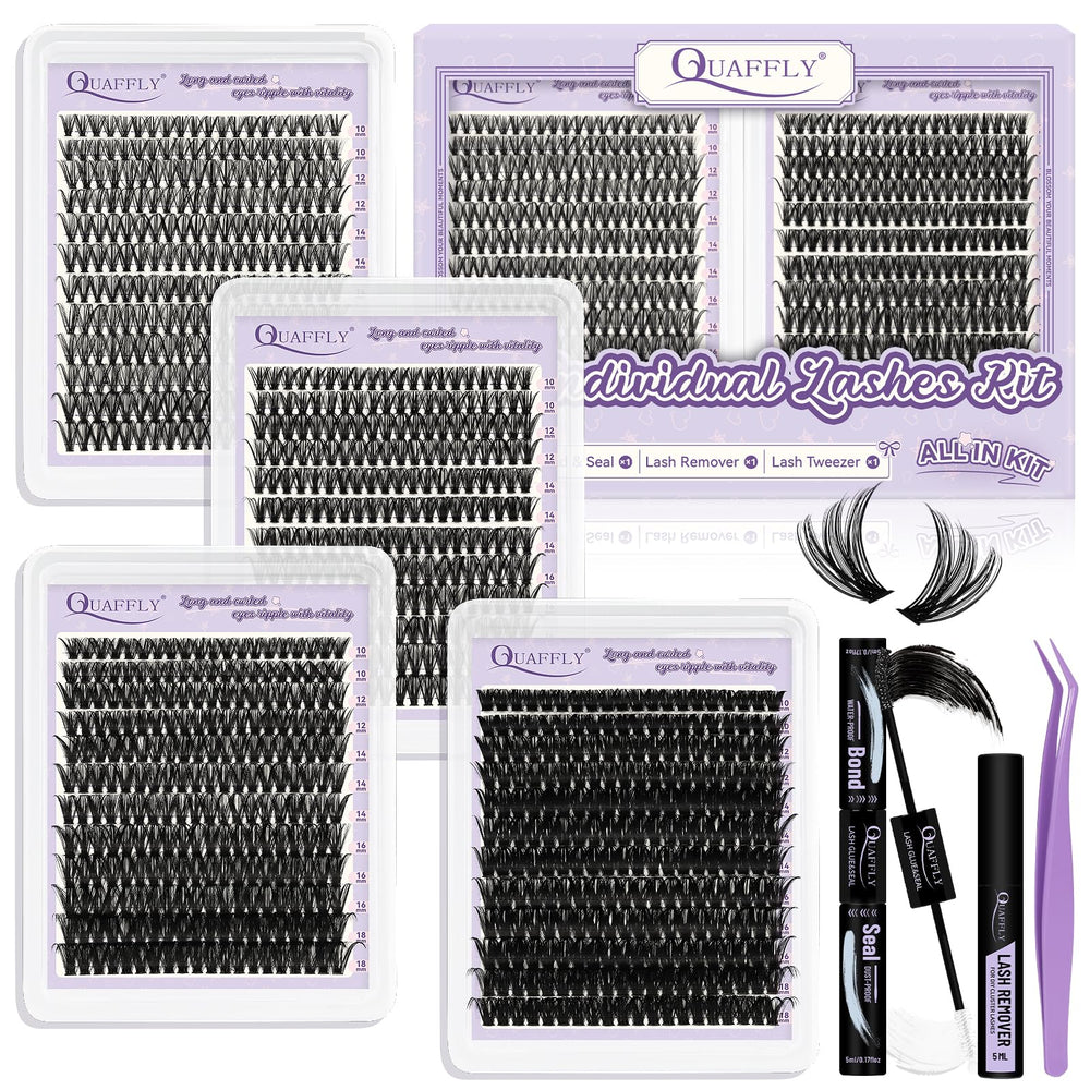 Kit QUAFFLY con pestañas de curva D, variedad para looks naturales y dramáticos.