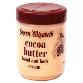 Queen Elisabeth Cocoa Butter tarro 500 ml, hidratación suave y protección para piel expuesta al sol.
