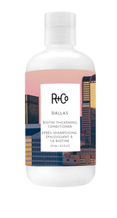 Acondicionador engrosador con biotina de R+Co Dallas, botella visible y cuerpo ligero